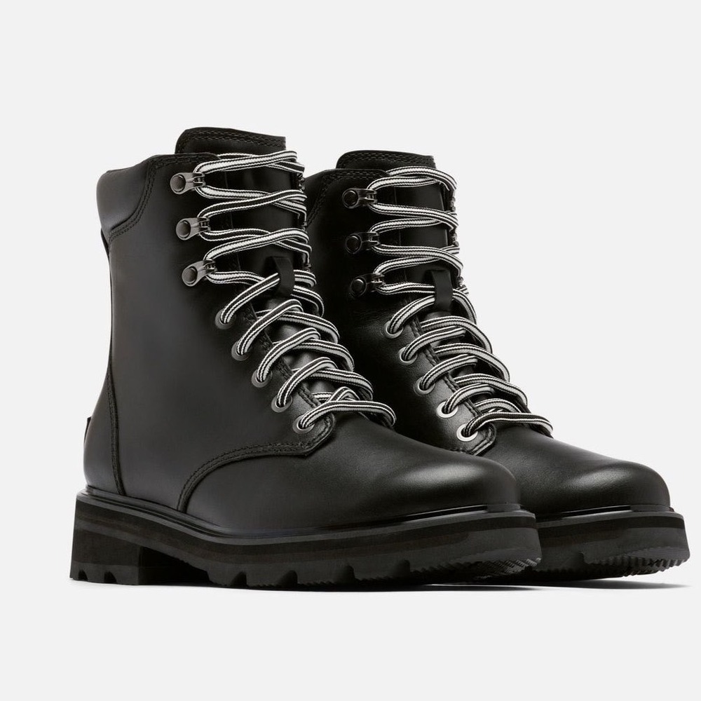 NEW: Sorel Lennox Lace STKD WP Black Leather Combat Boots NL4843-010 Womens 9.5
